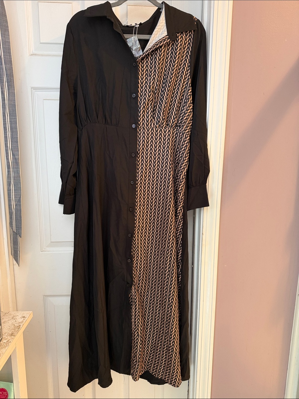 Angie Black Long Sleeve Shirt Dress with Brown Patterned Panel